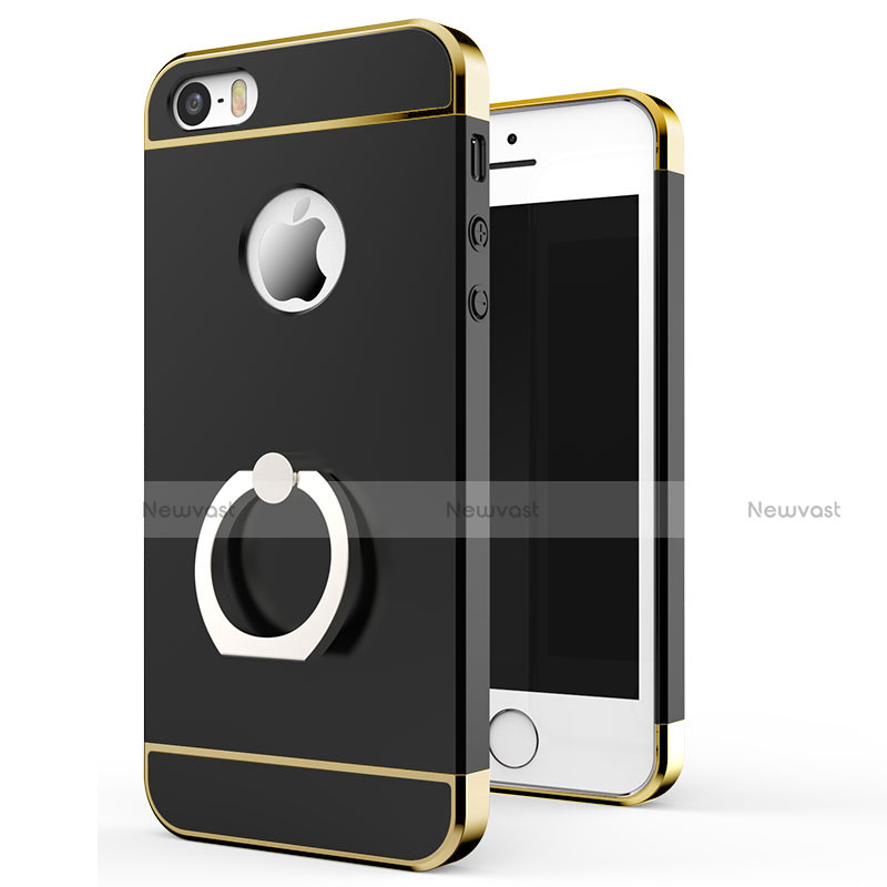 Luxury Metal Frame and Plastic Back Cover with Finger Ring Stand for Apple iPhone 5S Black