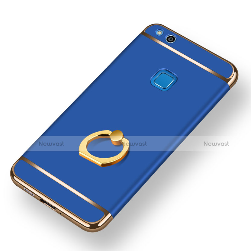 Luxury Metal Frame and Plastic Back Cover with Finger Ring Stand for Huawei GR3 (2017) Blue