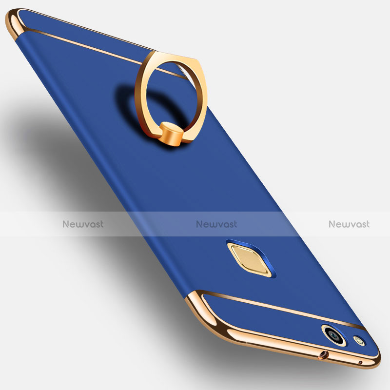 Luxury Metal Frame and Plastic Back Cover with Finger Ring Stand for Huawei GR3 (2017) Blue