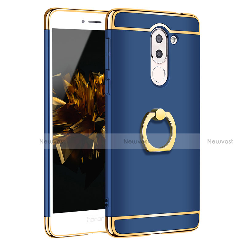 Luxury Metal Frame and Plastic Back Cover with Finger Ring Stand for Huawei GR5 (2017) Blue
