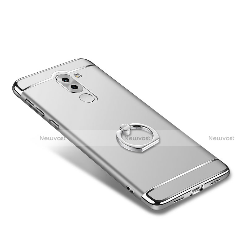 Luxury Metal Frame and Plastic Back Cover with Finger Ring Stand for Huawei Honor 6X Pro Silver