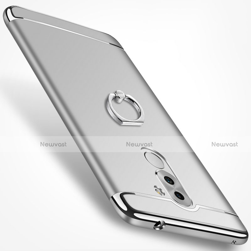 Luxury Metal Frame and Plastic Back Cover with Finger Ring Stand for Huawei Honor 6X Pro Silver