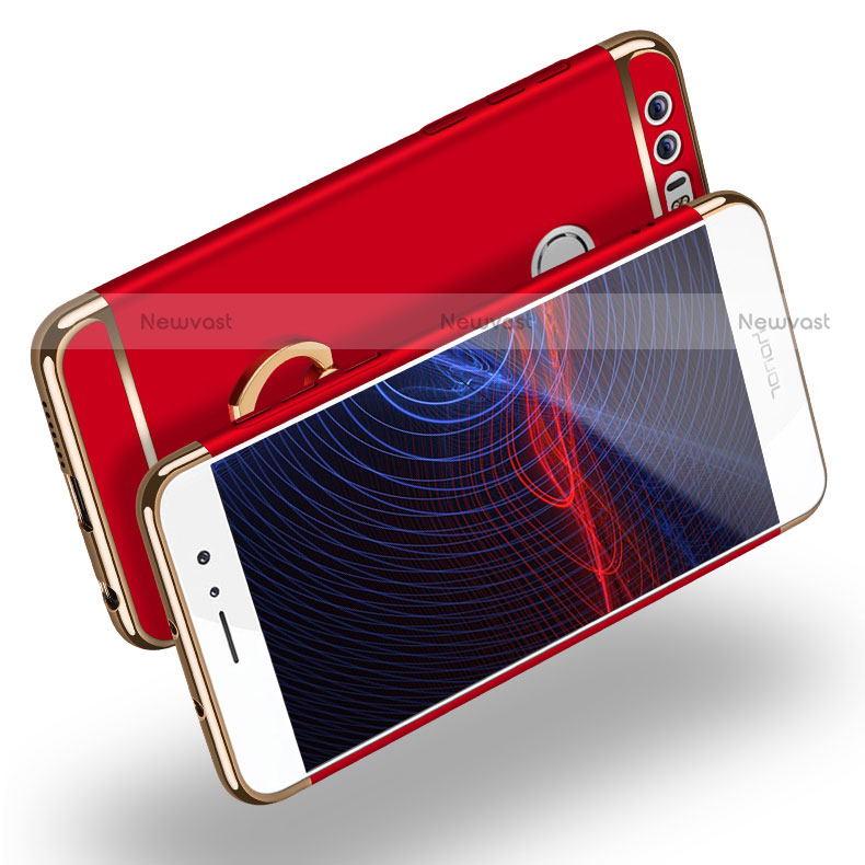 Luxury Metal Frame and Plastic Back Cover with Finger Ring Stand for Huawei Honor 8 Red