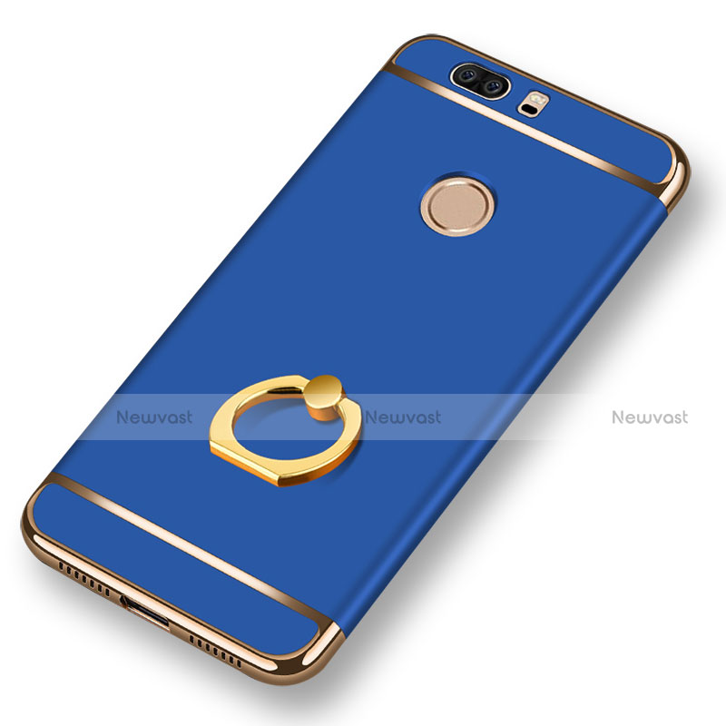 Luxury Metal Frame and Plastic Back Cover with Finger Ring Stand for Huawei Honor V8 Blue