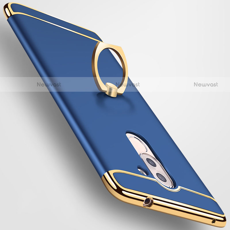 Luxury Metal Frame and Plastic Back Cover with Finger Ring Stand for Huawei Mate 9 Lite Blue