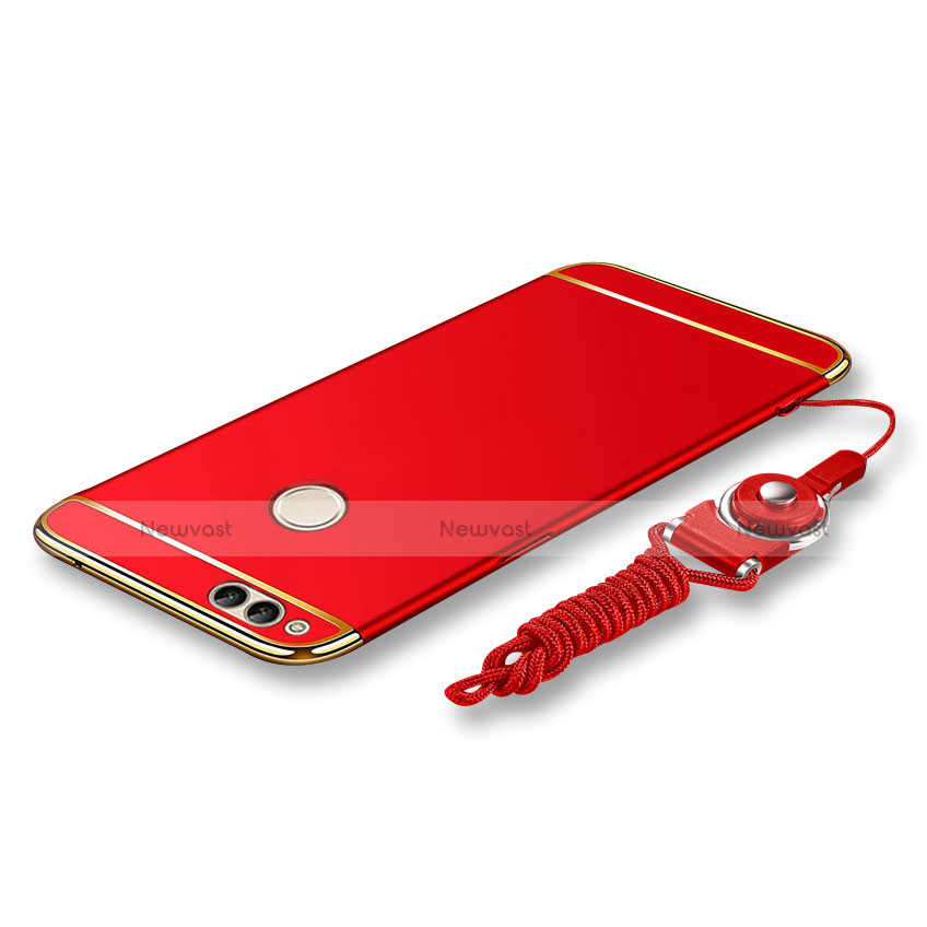 Luxury Metal Frame and Plastic Back Cover with Lanyard for Huawei Honor 7X Red
