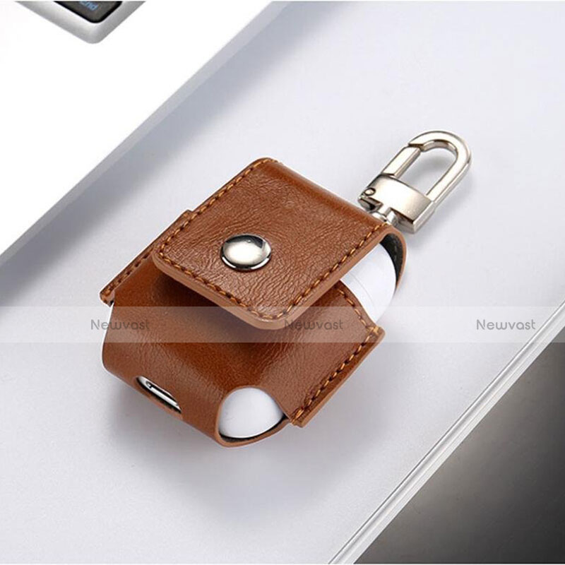 Protective Leather Case Skin for Apple Airpods Charging Box with Keychain A01 Brown