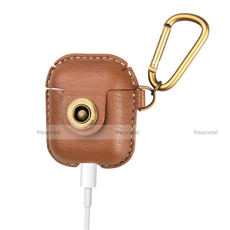 Protective Leather Case Skin for Apple Airpods Charging Box with Keychain Brown