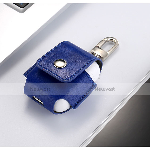 Protective Leather Cover Skin for Apple Airpods Charging Box with Keychain A01 Blue