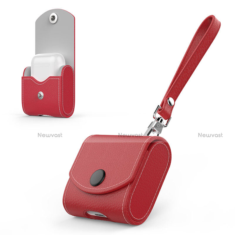 Protective Leather Cover Skin for Apple Airpods Charging Box with Keychain A05 Red