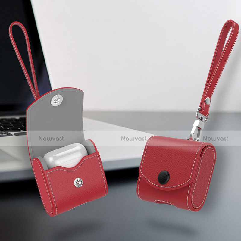 Protective Leather Cover Skin for Apple Airpods Charging Box with Keychain A05 Red