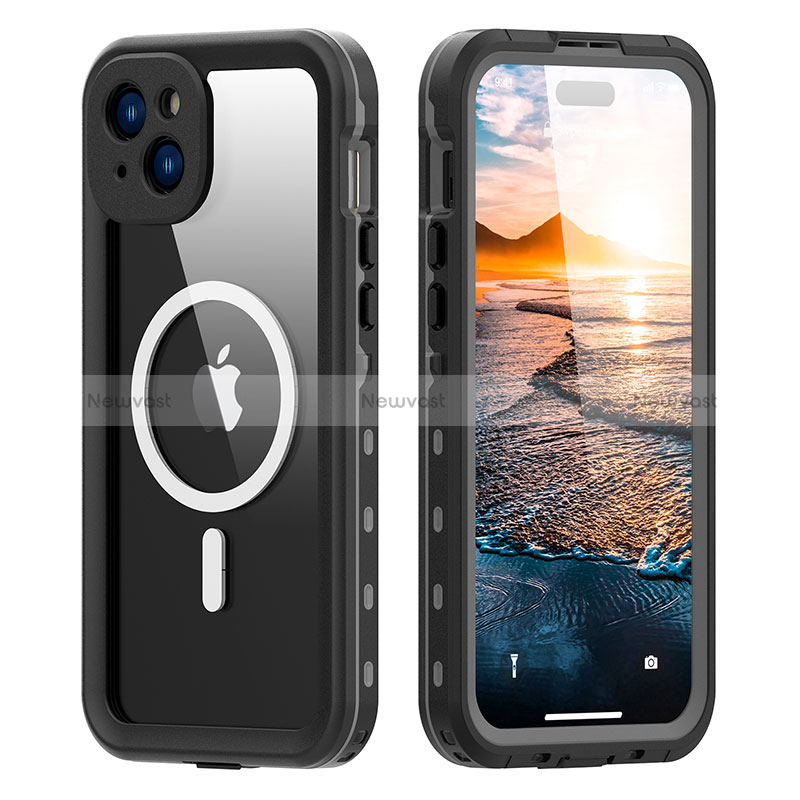 Silicone and Plastic Waterproof Cover Case 360 Degrees Underwater Shell with Mag-Safe Magnetic for Apple iPhone 13 Black