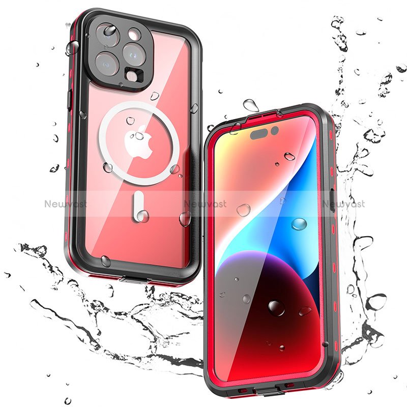 Silicone and Plastic Waterproof Cover Case 360 Degrees Underwater Shell with Mag-Safe Magnetic for Apple iPhone 13 Pro Max Red