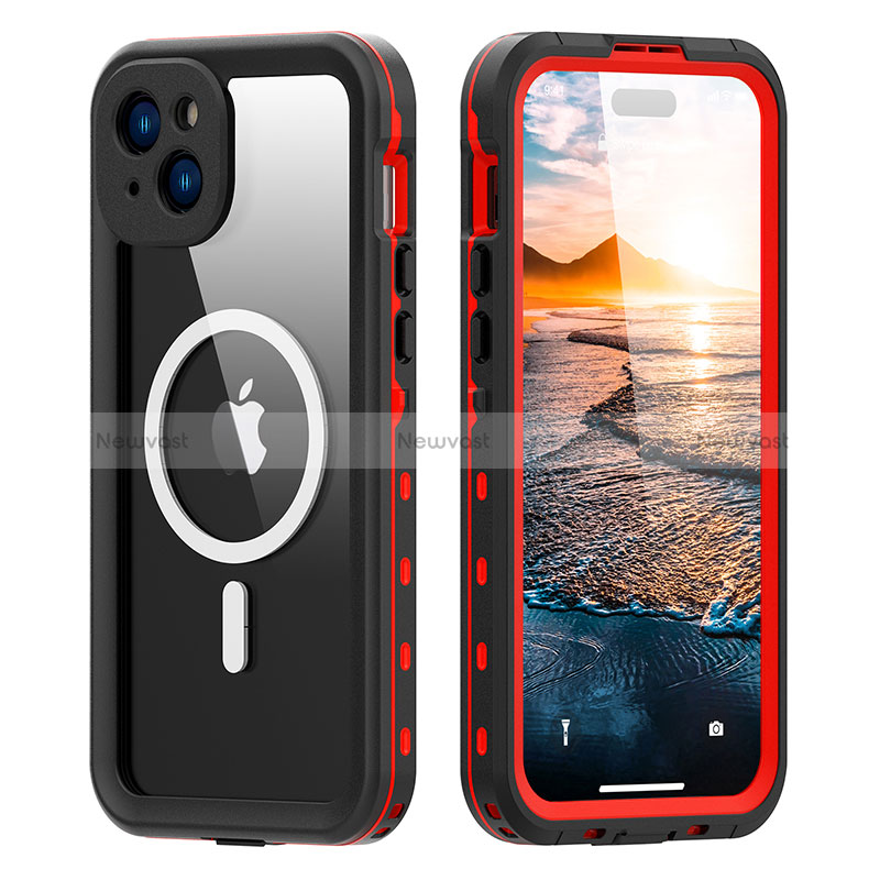 Silicone and Plastic Waterproof Cover Case 360 Degrees Underwater Shell with Mag-Safe Magnetic for Apple iPhone 13 Red