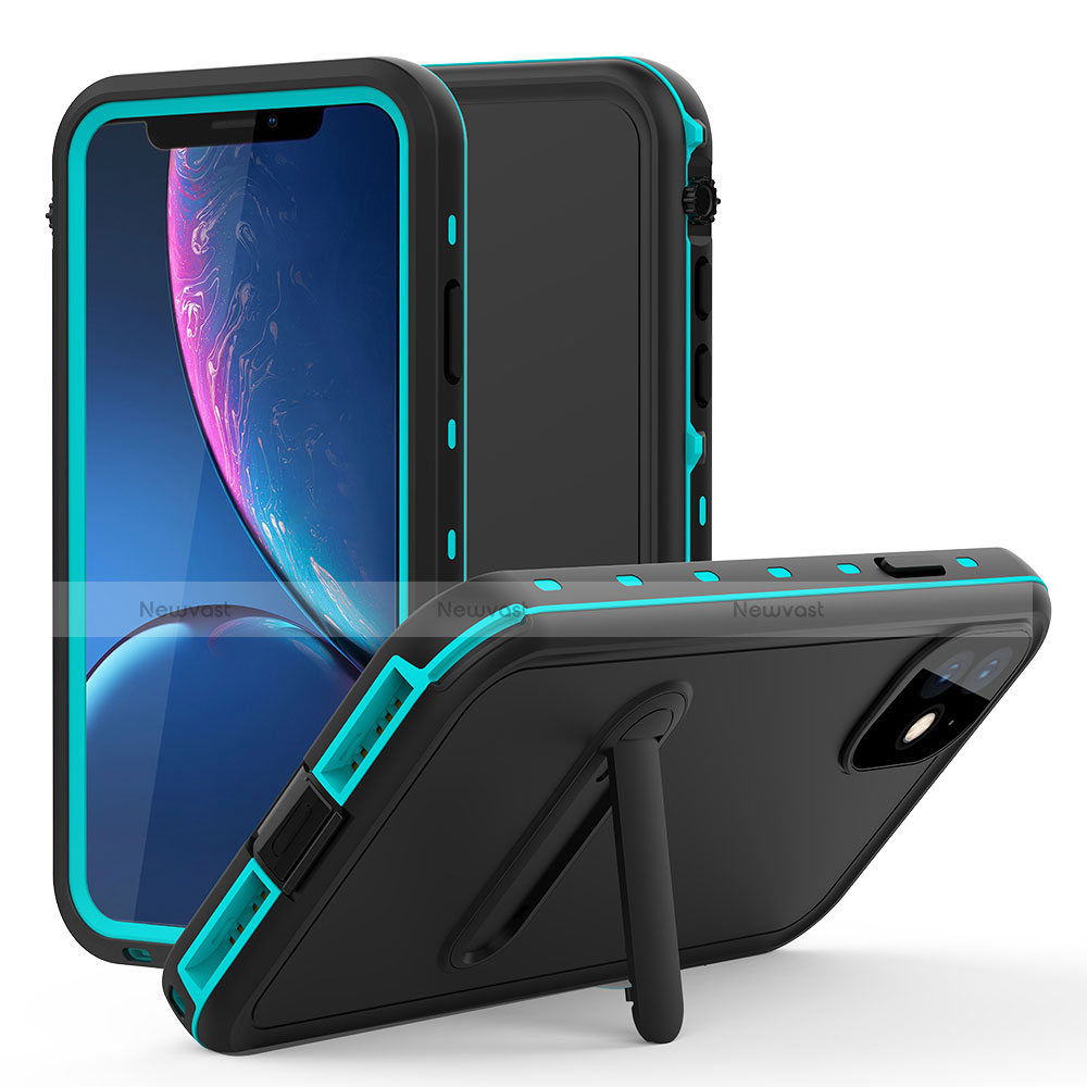 Silicone and Plastic Waterproof Cover Case 360 Degrees Underwater Shell with Stand for Apple iPhone 11 Cyan