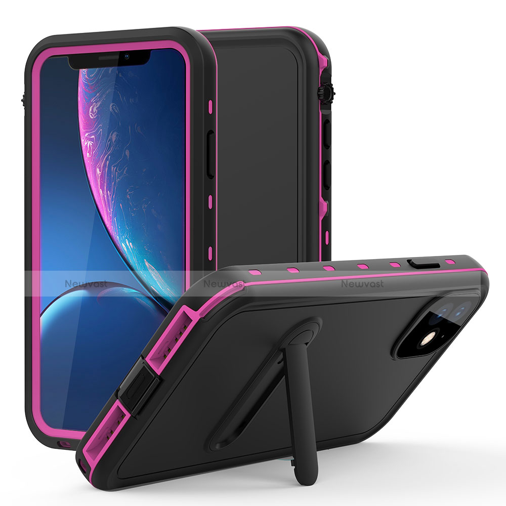 Silicone and Plastic Waterproof Cover Case 360 Degrees Underwater Shell with Stand for Apple iPhone 11 Hot Pink