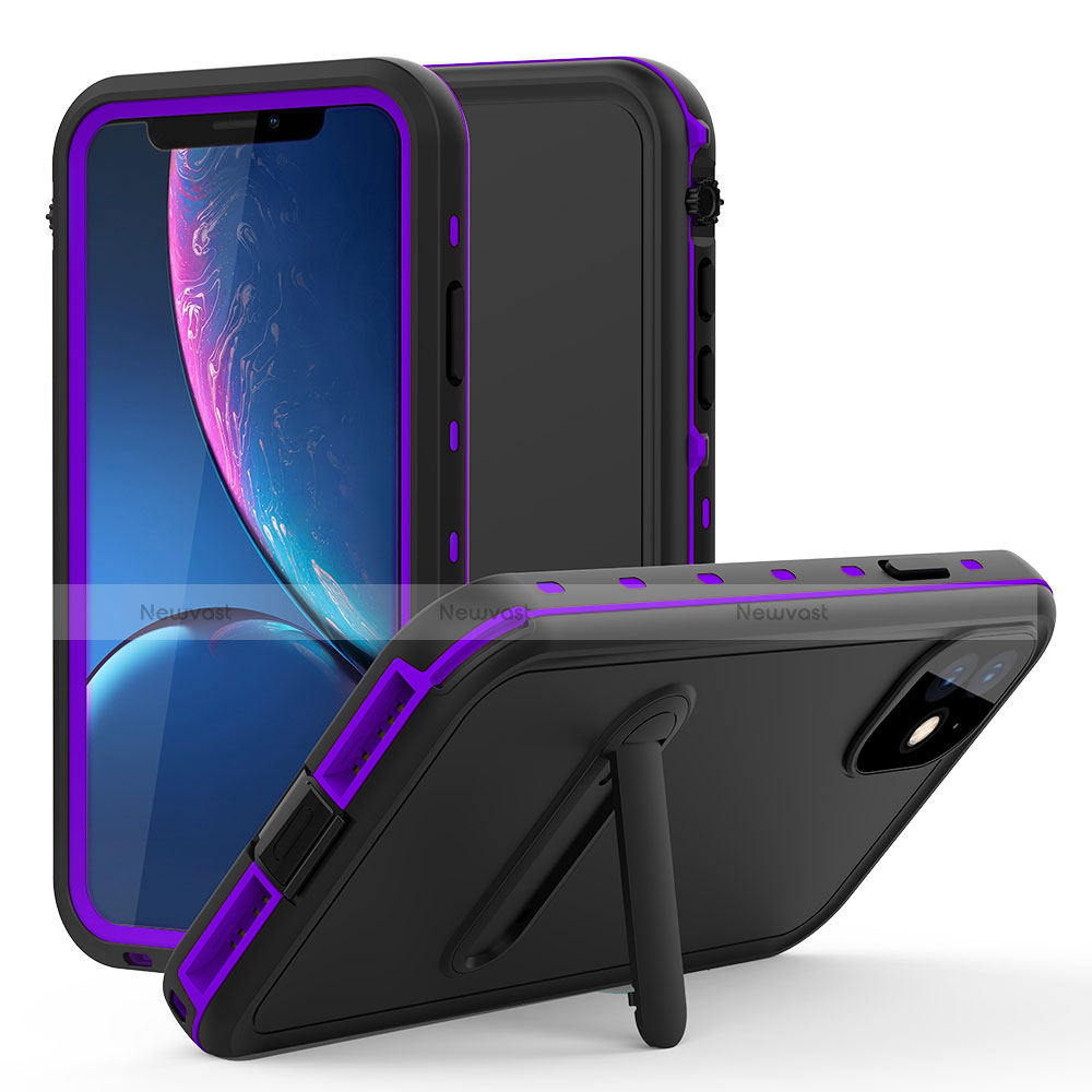 Silicone and Plastic Waterproof Cover Case 360 Degrees Underwater Shell with Stand for Apple iPhone 11 Purple