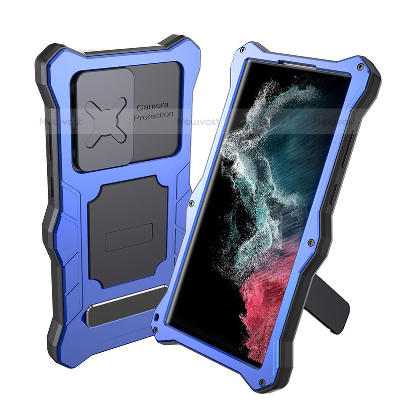 Silicone and Plastic Waterproof Cover Case 360 Degrees Underwater Shell with Stand for Samsung Galaxy S22 Ultra 5G Blue