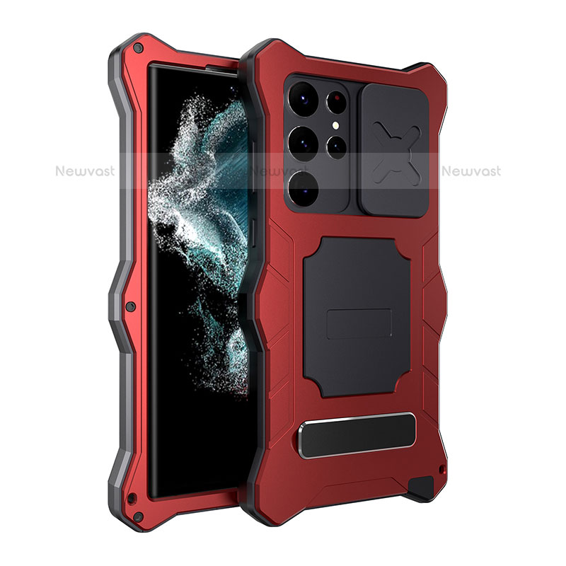 Silicone and Plastic Waterproof Cover Case 360 Degrees Underwater Shell with Stand T01 for Samsung Galaxy S21 Ultra 5G Red