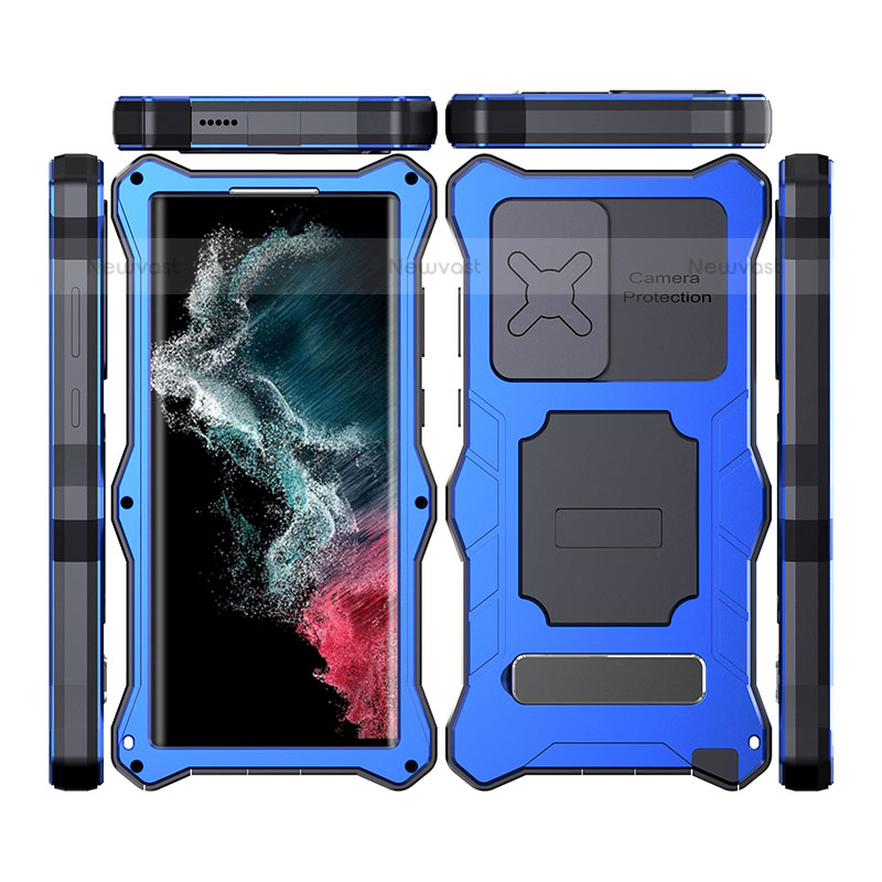 Silicone and Plastic Waterproof Cover Case 360 Degrees Underwater Shell with Stand T02 for Samsung Galaxy S21 Ultra 5G Blue
