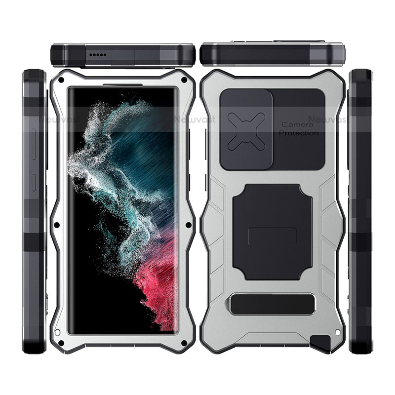Silicone and Plastic Waterproof Cover Case 360 Degrees Underwater Shell with Stand T02 for Samsung Galaxy S22 Ultra 5G Silver