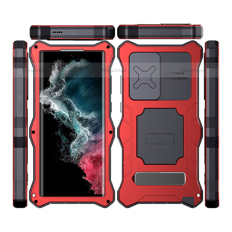 Silicone and Plastic Waterproof Cover Case 360 Degrees Underwater Shell with Stand T02 for Samsung Galaxy S23 Ultra 5G Red