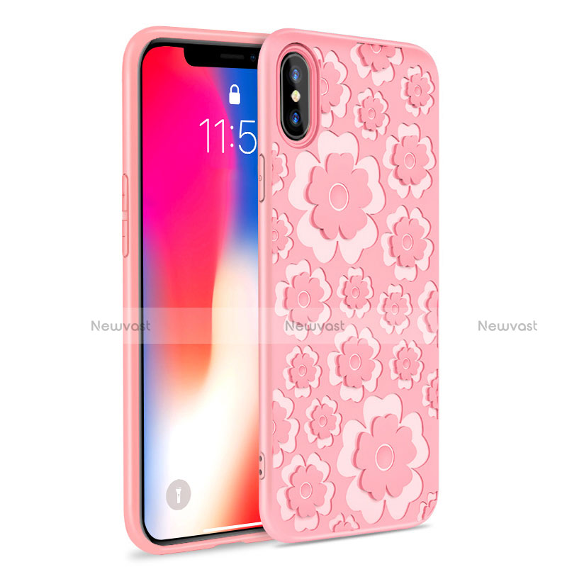 Silicone Candy Rubber 3D Three-Dimensional Flowers Soft Case for Apple iPhone X Pink