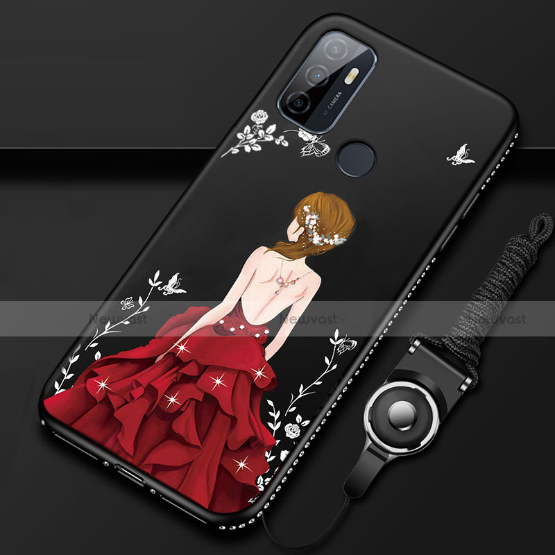 Silicone Candy Rubber Gel Dress Party Girl Soft Case Cover for Oppo A32 Red and Black