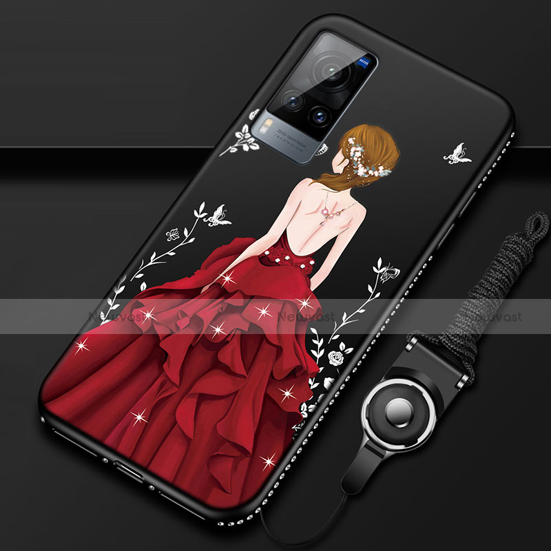 Silicone Candy Rubber Gel Dress Party Girl Soft Case Cover for Vivo X60 5G Red and Black