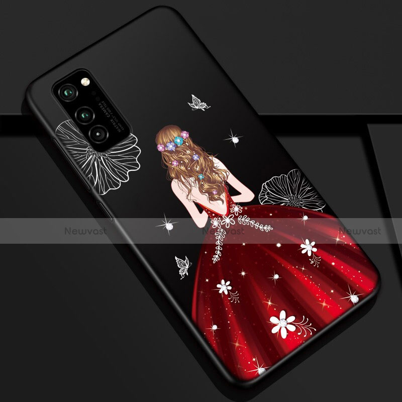 Silicone Candy Rubber Gel Dress Party Girl Soft Case Cover S01 for Huawei Honor View 30 Pro 5G Red and Black