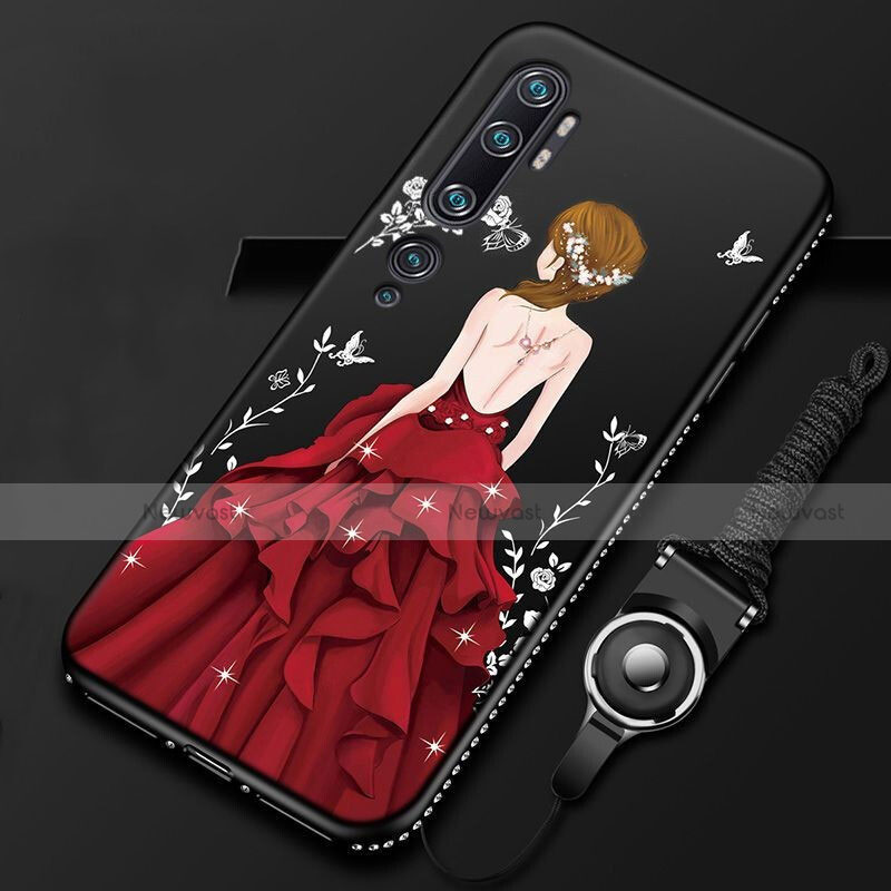 Silicone Candy Rubber Gel Dress Party Girl Soft Case Cover S01 for Xiaomi Mi Note 10 Red and Black
