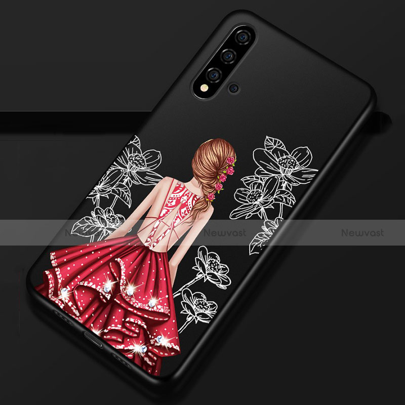 Silicone Candy Rubber Gel Dress Party Girl Soft Case Cover S02 for Huawei Nova 5 Pro Red and Black