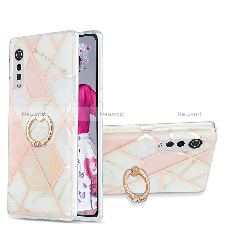 Silicone Candy Rubber Gel Fashionable Pattern Soft Case Cover with Finger Ring Stand Y01B for LG Velvet 4G Pink