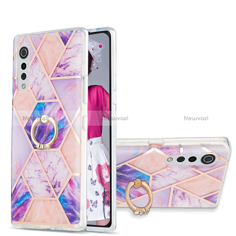 Silicone Candy Rubber Gel Fashionable Pattern Soft Case Cover with Finger Ring Stand Y01B for LG Velvet 5G Clove Purple