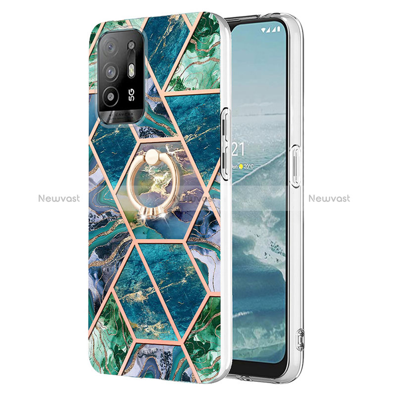 Silicone Candy Rubber Gel Fashionable Pattern Soft Case Cover with Finger Ring Stand Y01B for Oppo Reno5 Z 5G Midnight Green