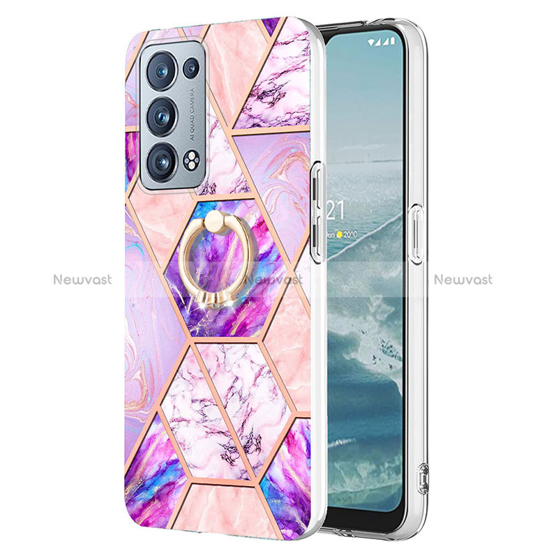 Silicone Candy Rubber Gel Fashionable Pattern Soft Case Cover with Finger Ring Stand Y01B for Oppo Reno6 Pro+ Plus 5G Clove Purple