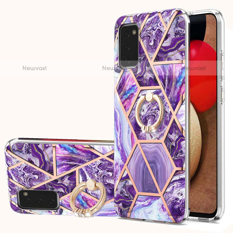 Silicone Candy Rubber Gel Fashionable Pattern Soft Case Cover with Finger Ring Stand Y01B for Samsung Galaxy A02s Purple