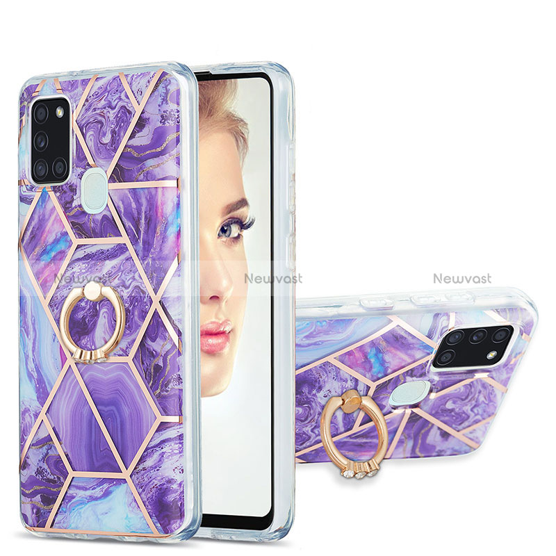 Silicone Candy Rubber Gel Fashionable Pattern Soft Case Cover with Finger Ring Stand Y01B for Samsung Galaxy A21s Purple