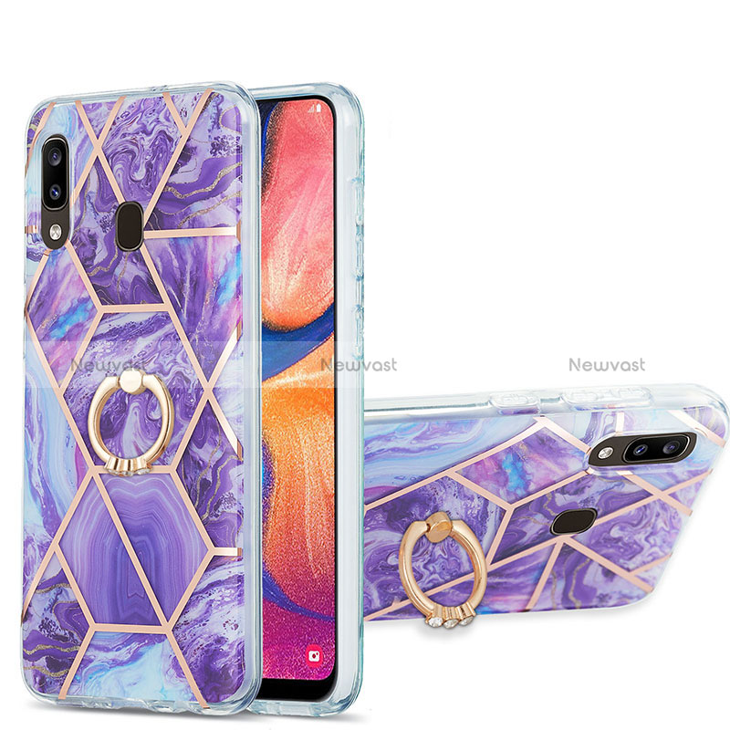 Silicone Candy Rubber Gel Fashionable Pattern Soft Case Cover with Finger Ring Stand Y01B for Samsung Galaxy A30 Purple