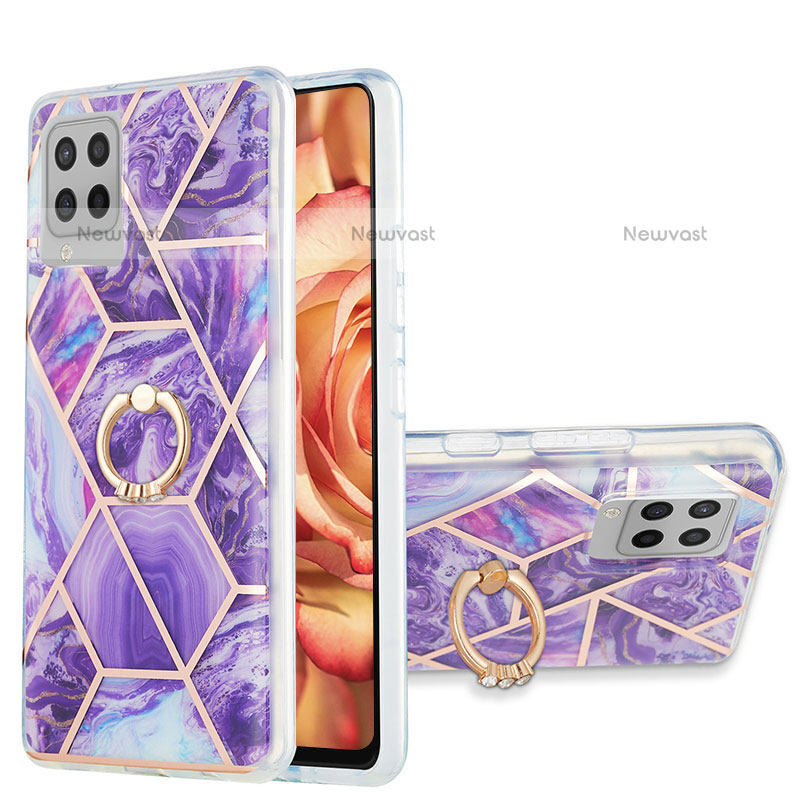 Silicone Candy Rubber Gel Fashionable Pattern Soft Case Cover with Finger Ring Stand Y01B for Samsung Galaxy A42 5G Purple
