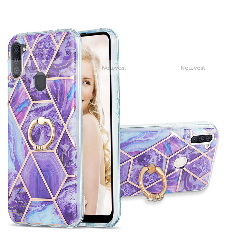 Silicone Candy Rubber Gel Fashionable Pattern Soft Case Cover with Finger Ring Stand Y01B for Samsung Galaxy M11 Purple