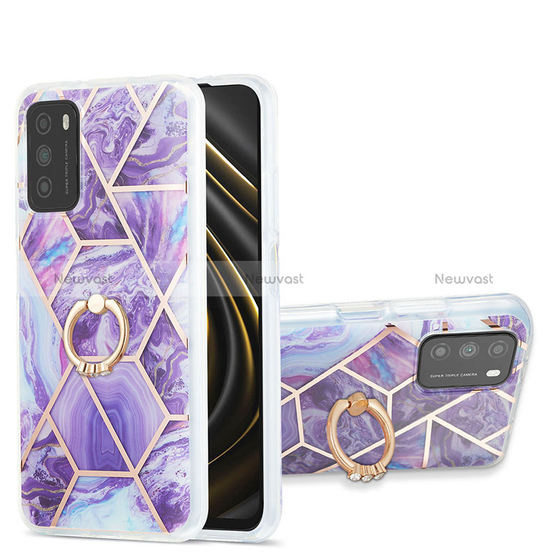 Silicone Candy Rubber Gel Fashionable Pattern Soft Case Cover with Finger Ring Stand Y01B for Xiaomi Poco M3 Purple