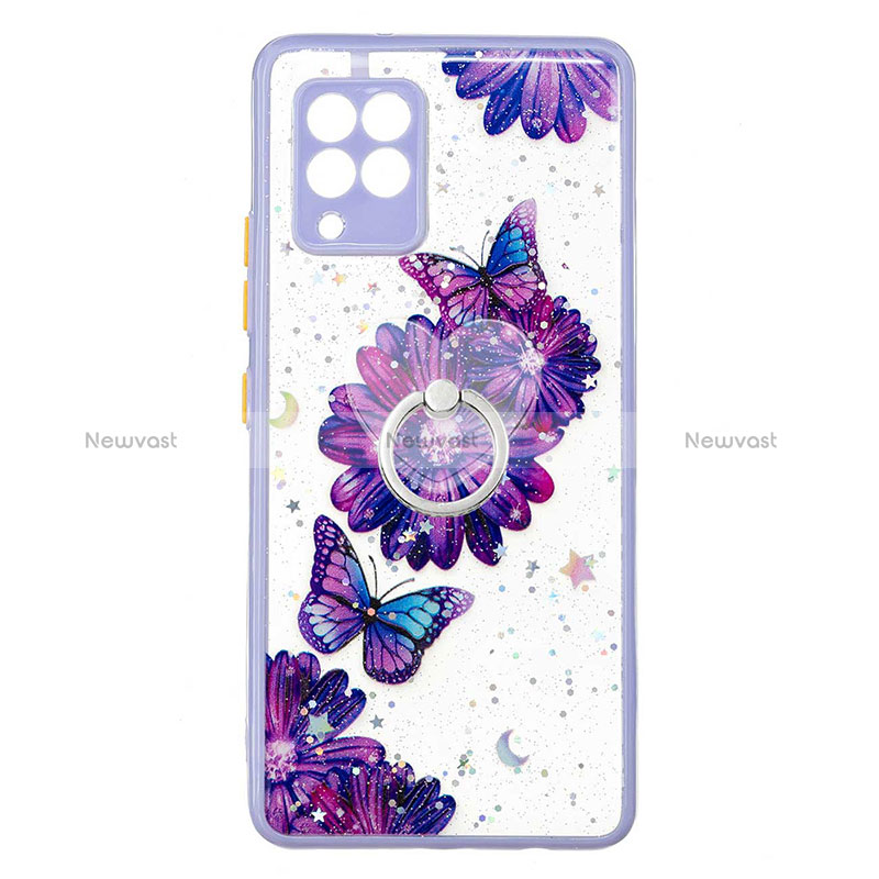 Silicone Candy Rubber Gel Fashionable Pattern Soft Case Cover with Finger Ring Stand Y01X for Samsung Galaxy A42 5G Purple