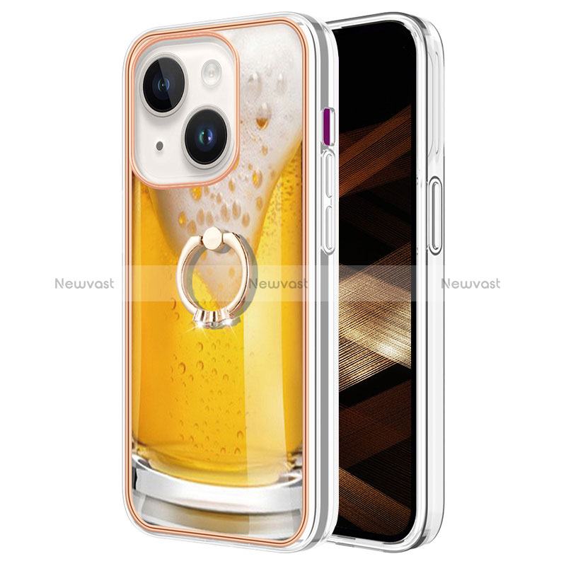 Silicone Candy Rubber Gel Fashionable Pattern Soft Case Cover with Finger Ring Stand Y02B for Apple iPhone 14 Plus Yellow