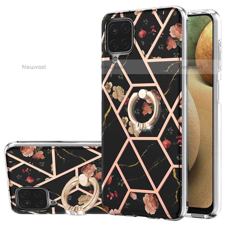 Silicone Candy Rubber Gel Fashionable Pattern Soft Case Cover with Finger Ring Stand Y02B for Samsung Galaxy F12 Black