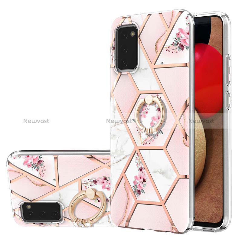 Silicone Candy Rubber Gel Fashionable Pattern Soft Case Cover with Finger Ring Stand Y02B for Samsung Galaxy M02s Pink