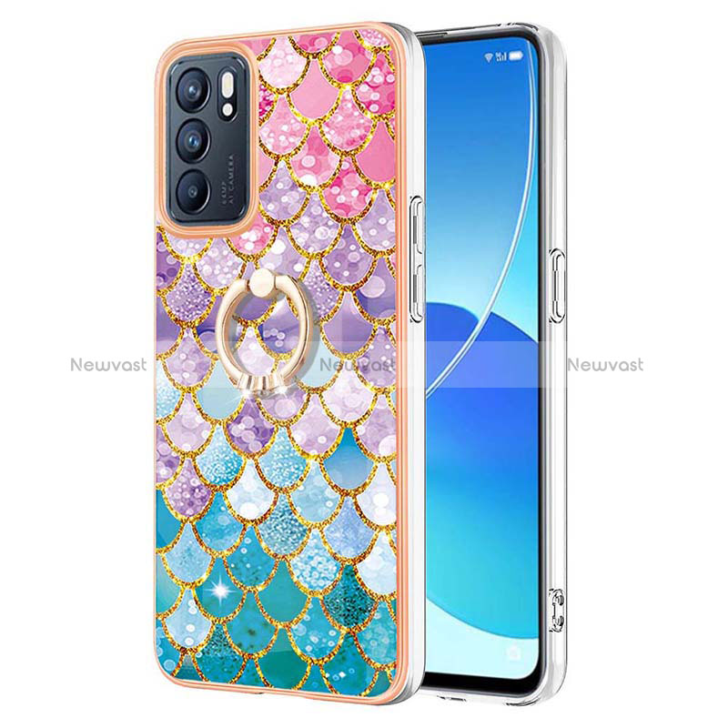 Silicone Candy Rubber Gel Fashionable Pattern Soft Case Cover with Finger Ring Stand Y03B for Oppo Reno6 5G Colorful