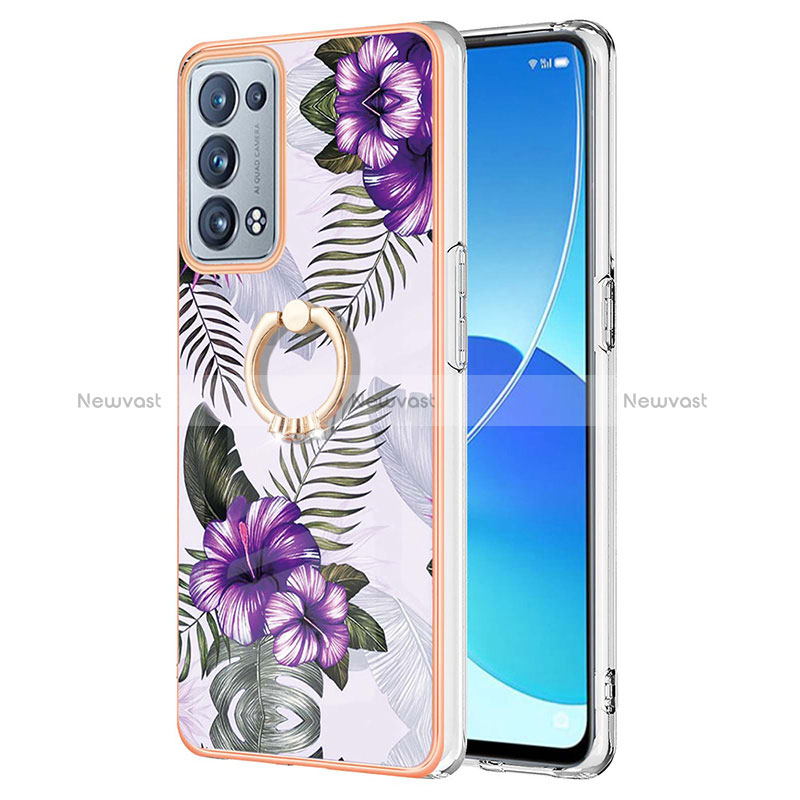 Silicone Candy Rubber Gel Fashionable Pattern Soft Case Cover with Finger Ring Stand Y03B for Oppo Reno6 Pro 5G Purple