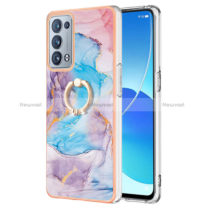 Silicone Candy Rubber Gel Fashionable Pattern Soft Case Cover with Finger Ring Stand Y03B for Oppo Reno6 Pro+ Plus 5G Blue