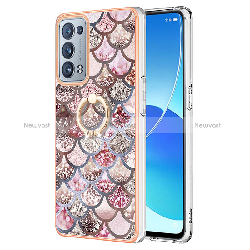 Silicone Candy Rubber Gel Fashionable Pattern Soft Case Cover with Finger Ring Stand Y03B for Oppo Reno6 Pro+ Plus 5G Brown